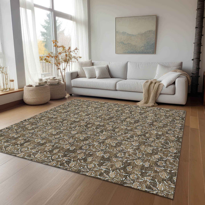 5' X 8' Brown And Ivory Floral Washable Indoor Outdoor Area Rug