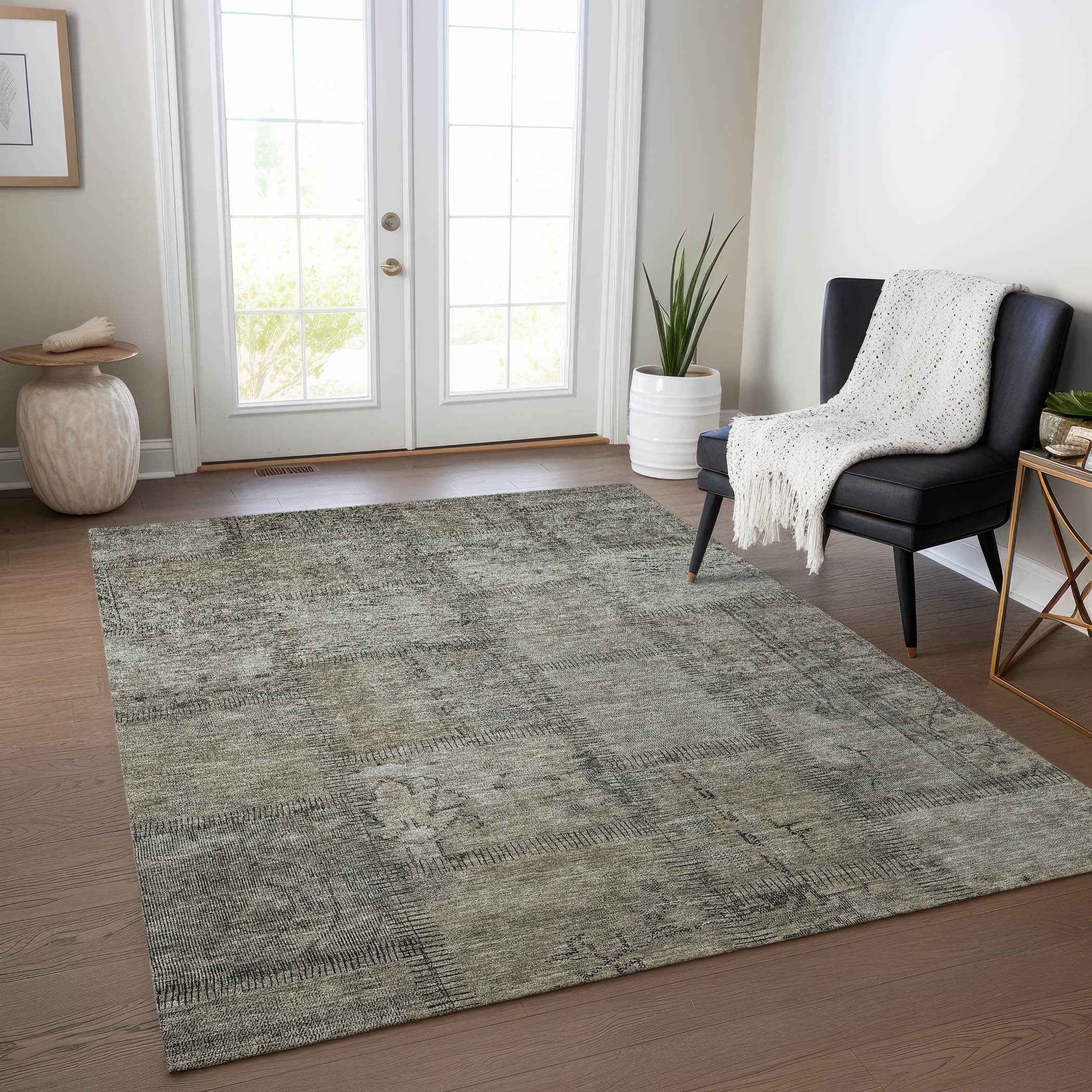 5' X 8' Taupe Brown And Beige Patchwork Washable Indoor Outdoor Area Rug
