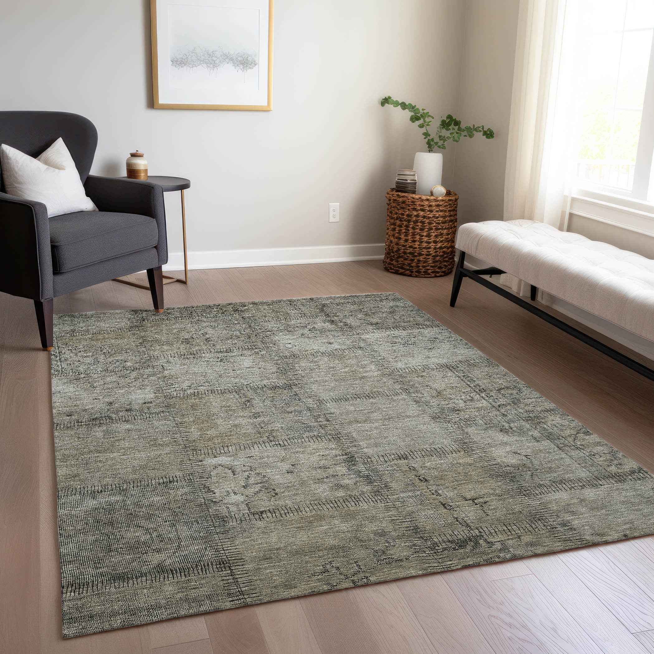 5' X 8' Taupe Brown And Beige Patchwork Washable Indoor Outdoor Area Rug