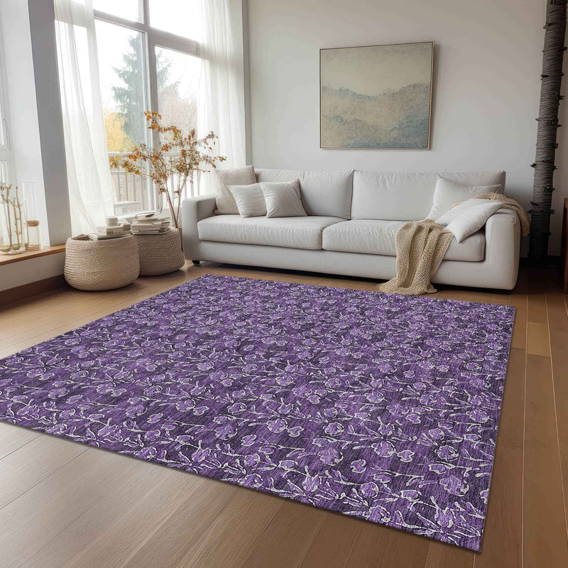 3' X 5' Purple Eggplant And Ivory Floral Washable Indoor Outdoor Area Rug