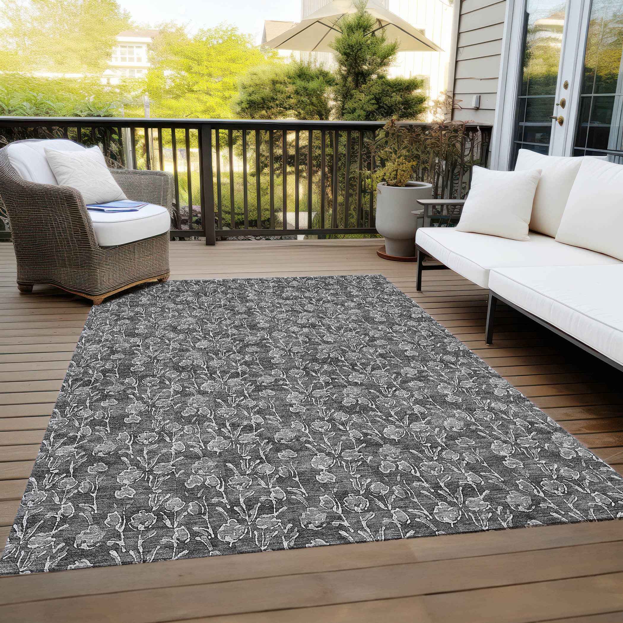 3' X 5' Gray Charcoal And Silver Floral Washable Indoor Outdoor Area Rug
