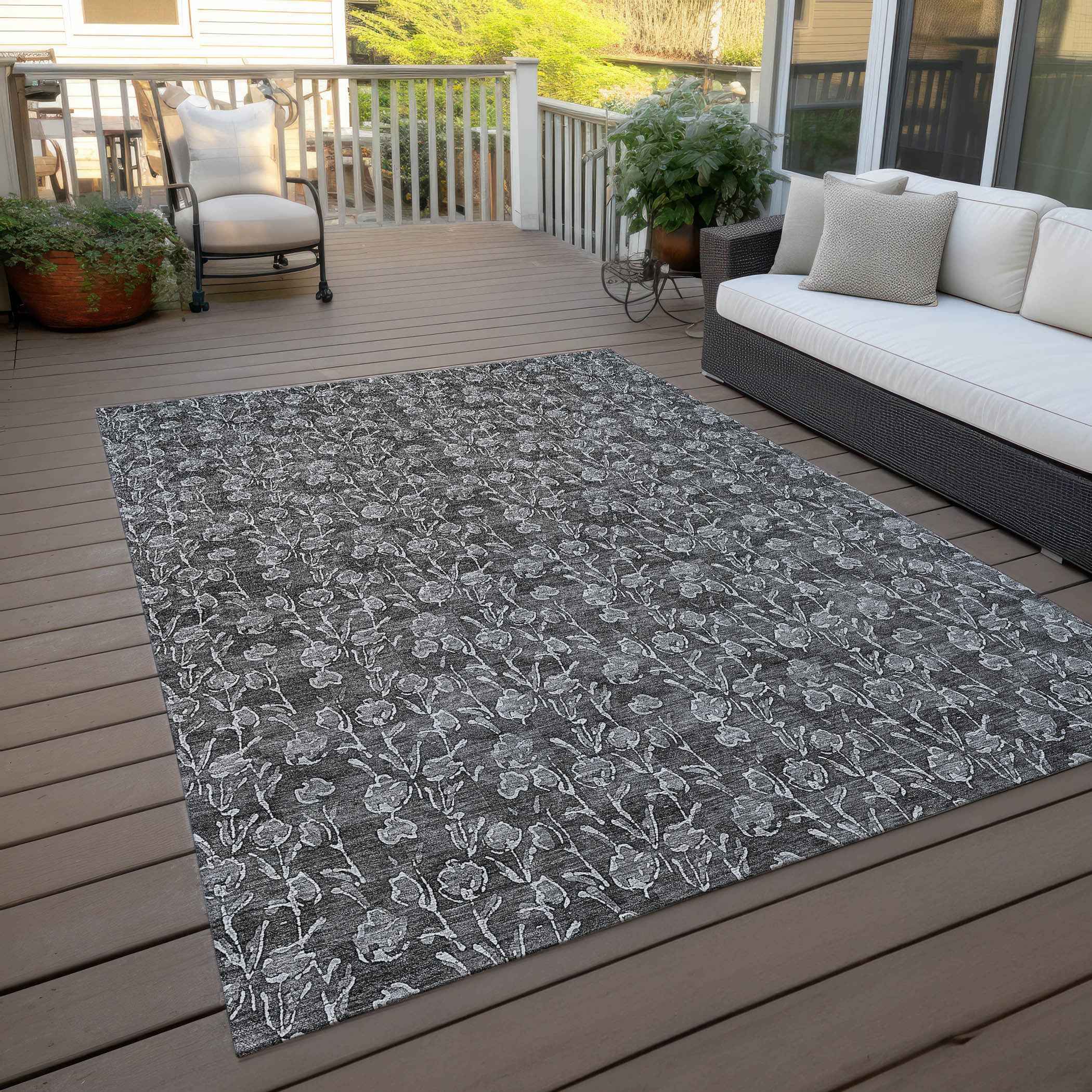 3' X 5' Gray Charcoal And Silver Floral Washable Indoor Outdoor Area Rug
