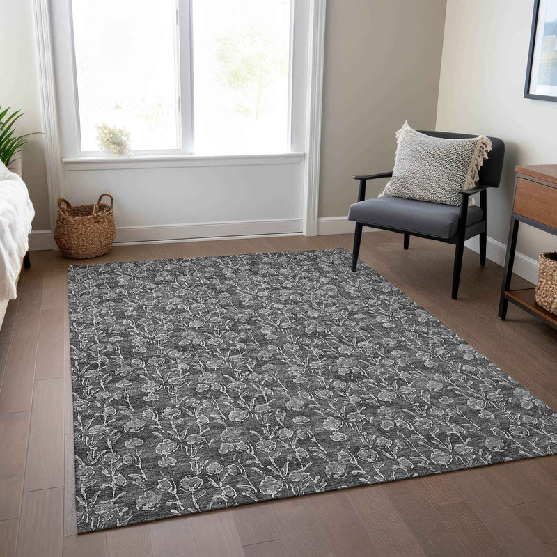3' X 5' Gray Charcoal And Silver Floral Washable Indoor Outdoor Area Rug