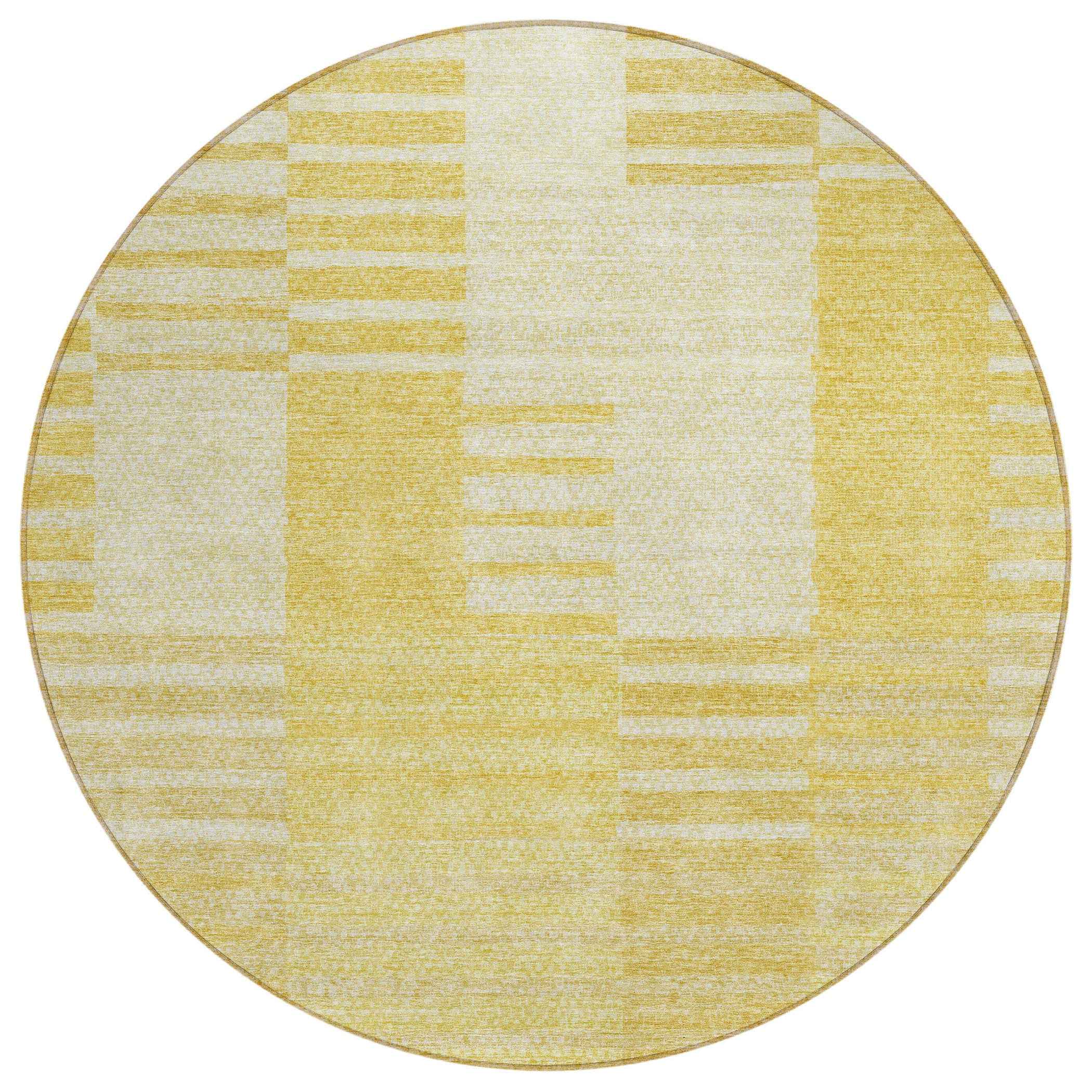 8' Gold Wheat And Ivory Round Striped Washable Indoor Outdoor Area Rug