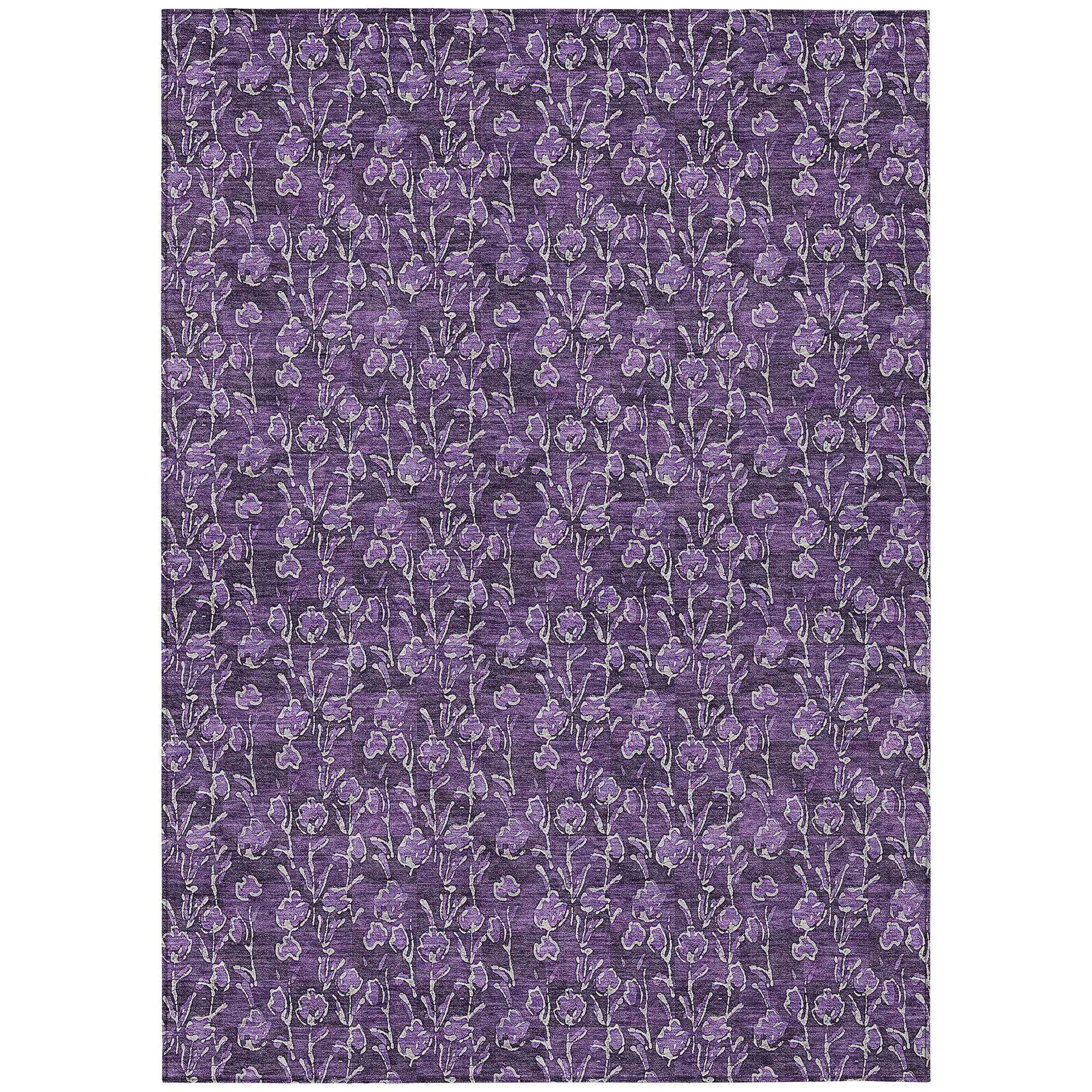 5' X 8' Purple Eggplant And Ivory Floral Washable Indoor Outdoor Area Rug