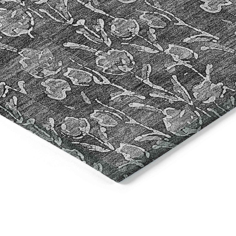 3' X 5' Gray Charcoal And Silver Floral Washable Indoor Outdoor Area Rug
