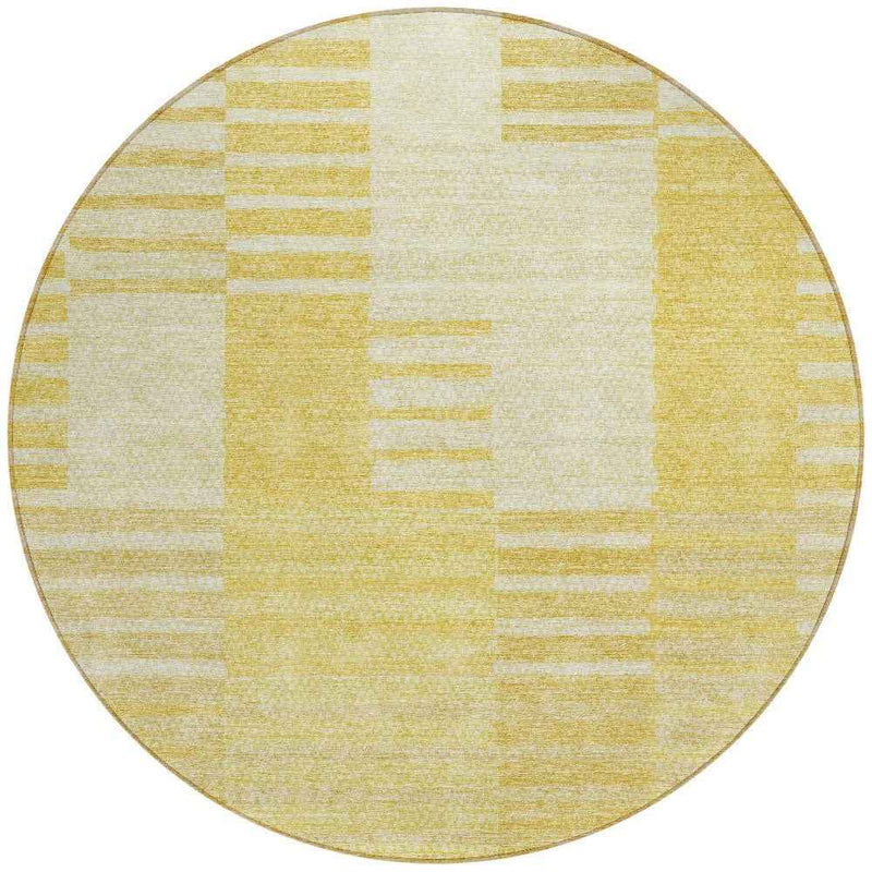 8' Gold Wheat And Ivory Round Striped Washable Indoor Outdoor Area Rug