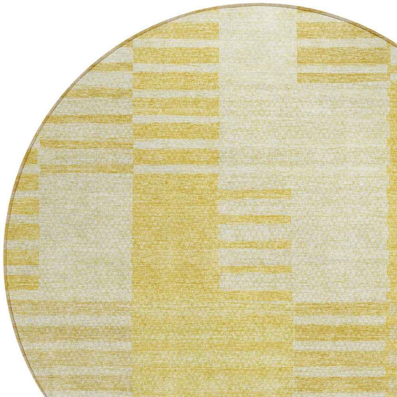 8' Gold Wheat And Ivory Round Striped Washable Indoor Outdoor Area Rug