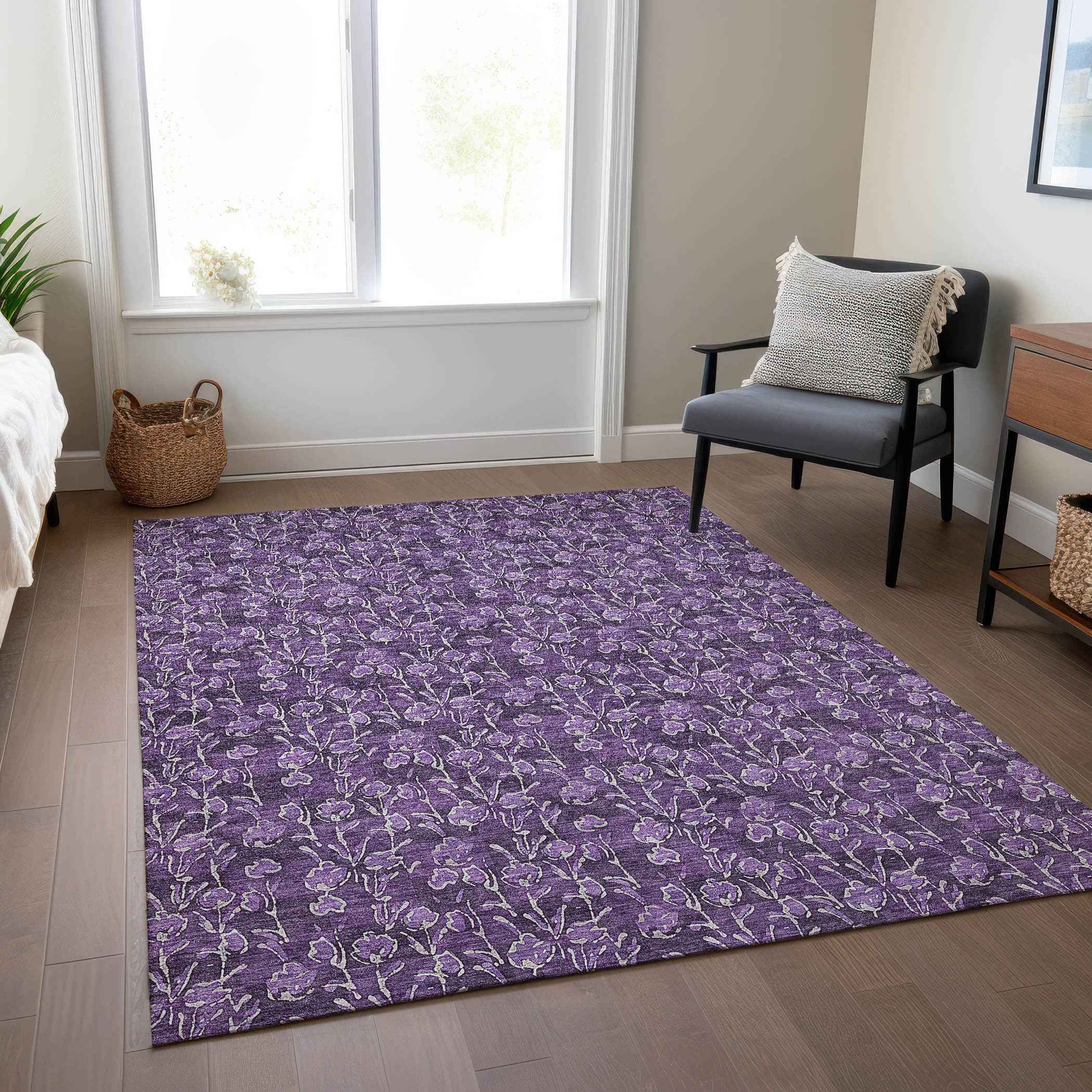 5' X 8' Purple Eggplant And Ivory Floral Washable Indoor Outdoor Area Rug