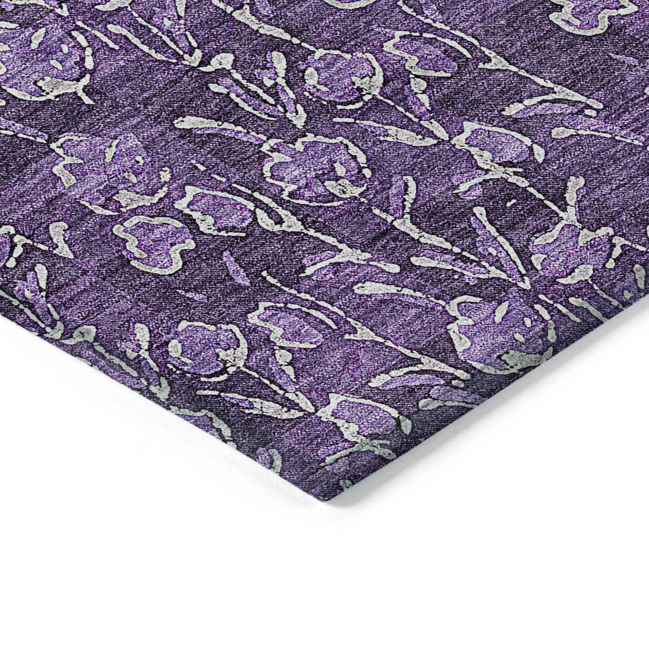 5' X 8' Purple Eggplant And Ivory Floral Washable Indoor Outdoor Area Rug