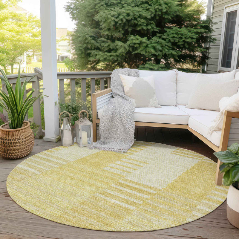 8' Gold Wheat And Ivory Round Striped Washable Indoor Outdoor Area Rug