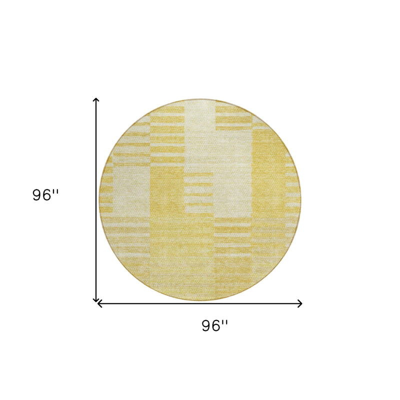8' Gold Wheat And Ivory Round Striped Washable Indoor Outdoor Area Rug
