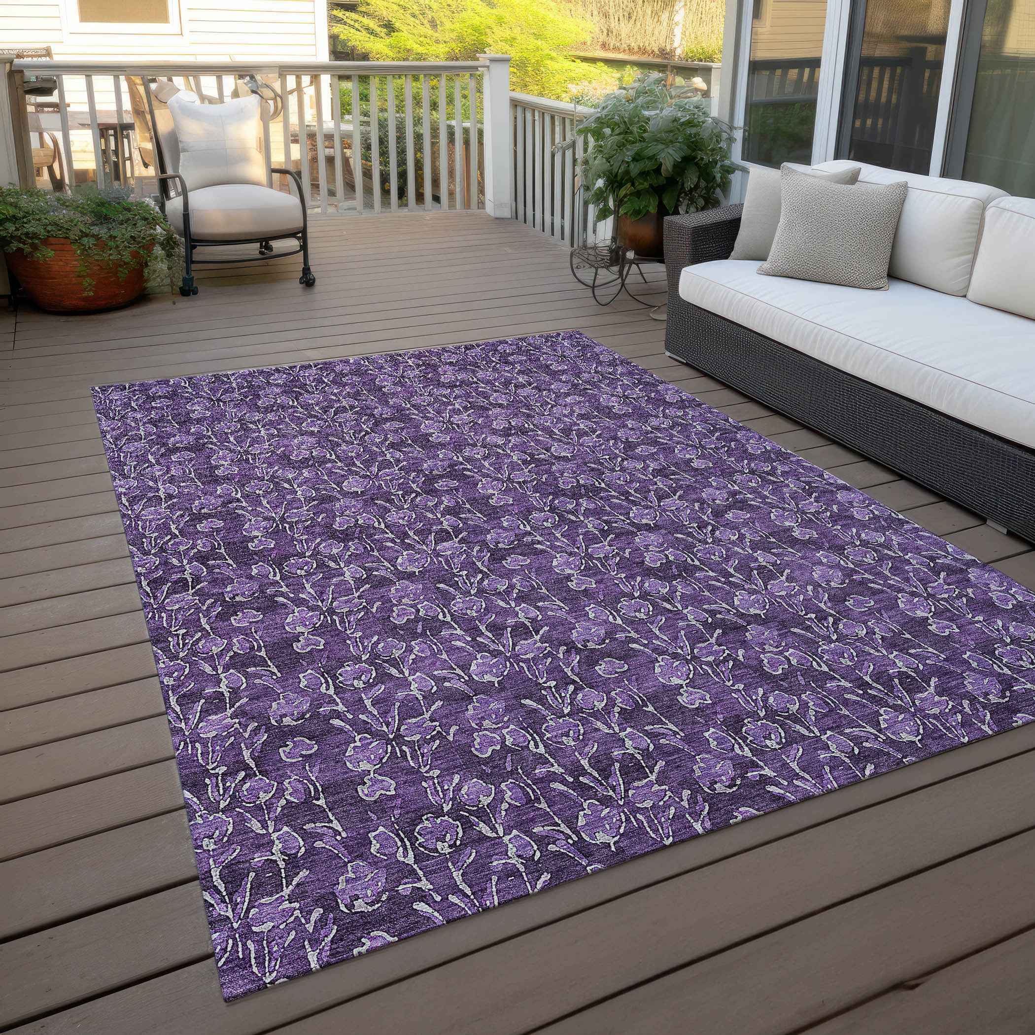 5' X 8' Purple Eggplant And Ivory Floral Washable Indoor Outdoor Area Rug