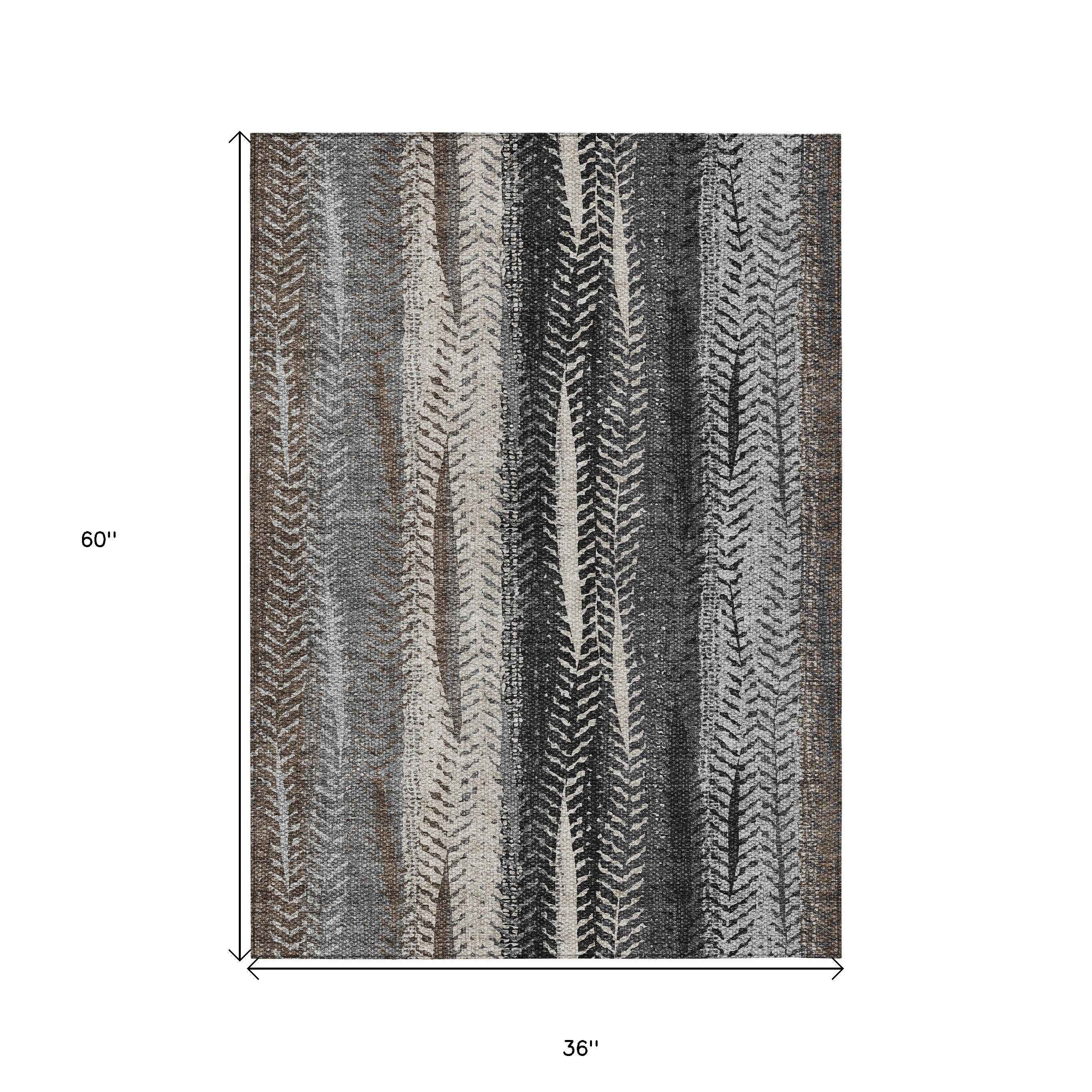 3' X 5' Brown Gray And Ivory Botanical Leaves Washable Indoor Outdoor Area Rug