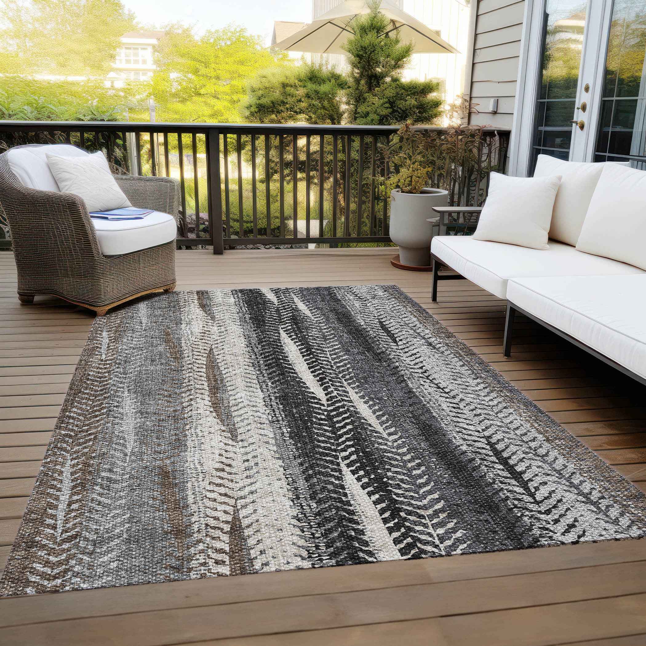 3' X 5' Brown Gray And Ivory Botanical Leaves Washable Indoor Outdoor Area Rug