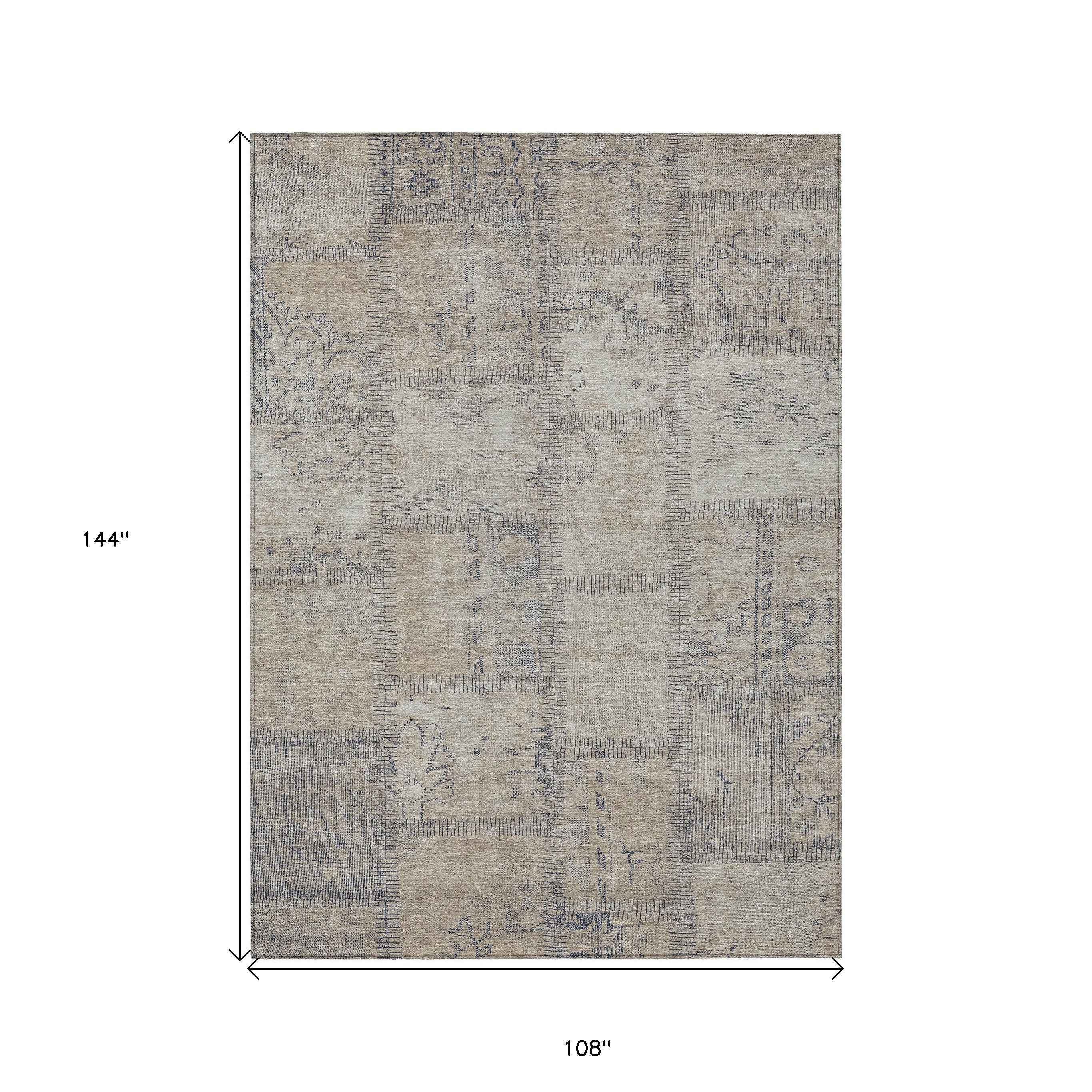 9' X 12' Beige Taupe And Brown Patchwork Washable Indoor Outdoor Area Rug