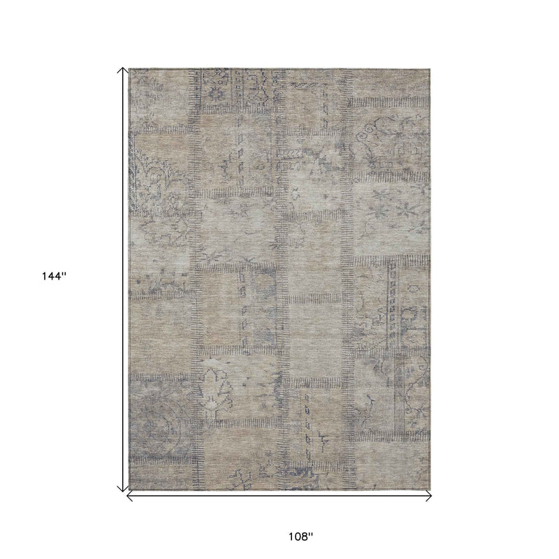 9' X 12' Beige Taupe And Brown Patchwork Washable Indoor Outdoor Area Rug