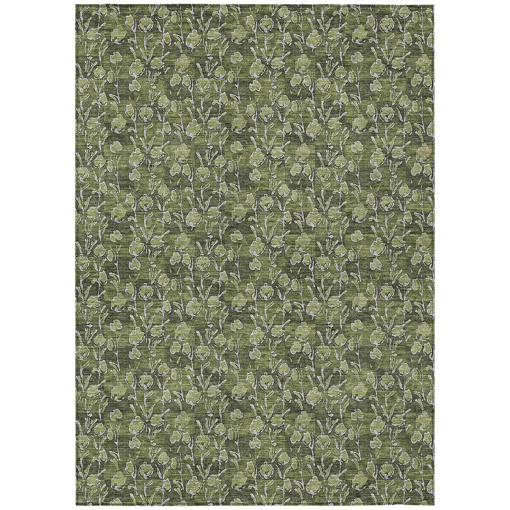 3' X 5' Olive Green Artichoke Green And Ivory Floral Washable Indoor Outdoor Area Rug