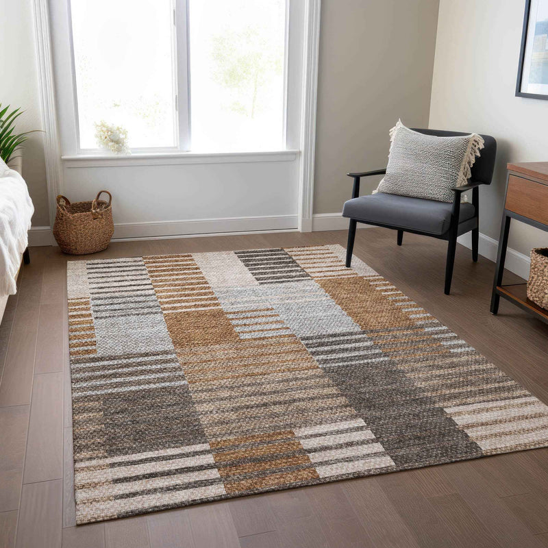 8' X 10' Chocolate And Gray Striped Washable Indoor Outdoor Area Rug