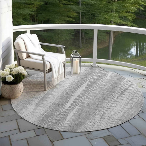 8' Silver Gray And Graphite Round Botanical Leaves Washable Indoor Outdoor Area Rug