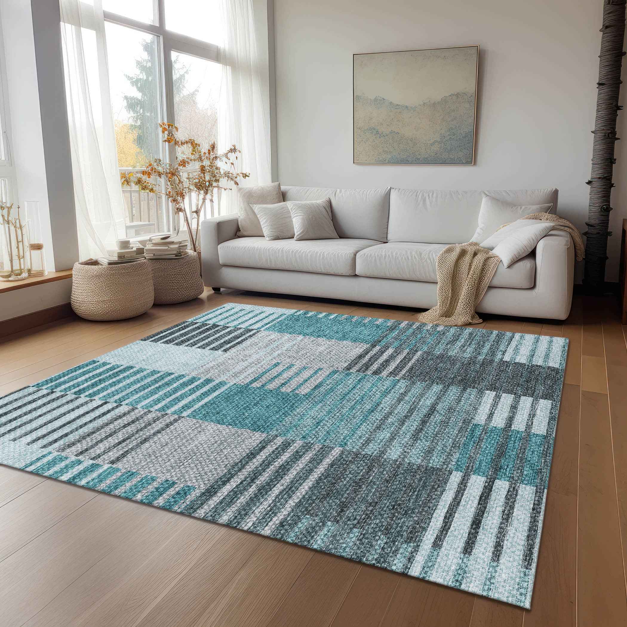 5' X 8' Teal Blue Aqua And Gray Striped Washable Indoor Outdoor Area Rug
