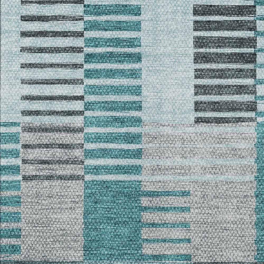 5' X 8' Teal Blue Aqua And Gray Striped Washable Indoor Outdoor Area Rug