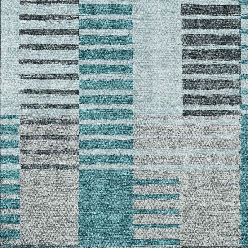 5' X 8' Teal Blue Aqua And Gray Striped Washable Indoor Outdoor Area Rug