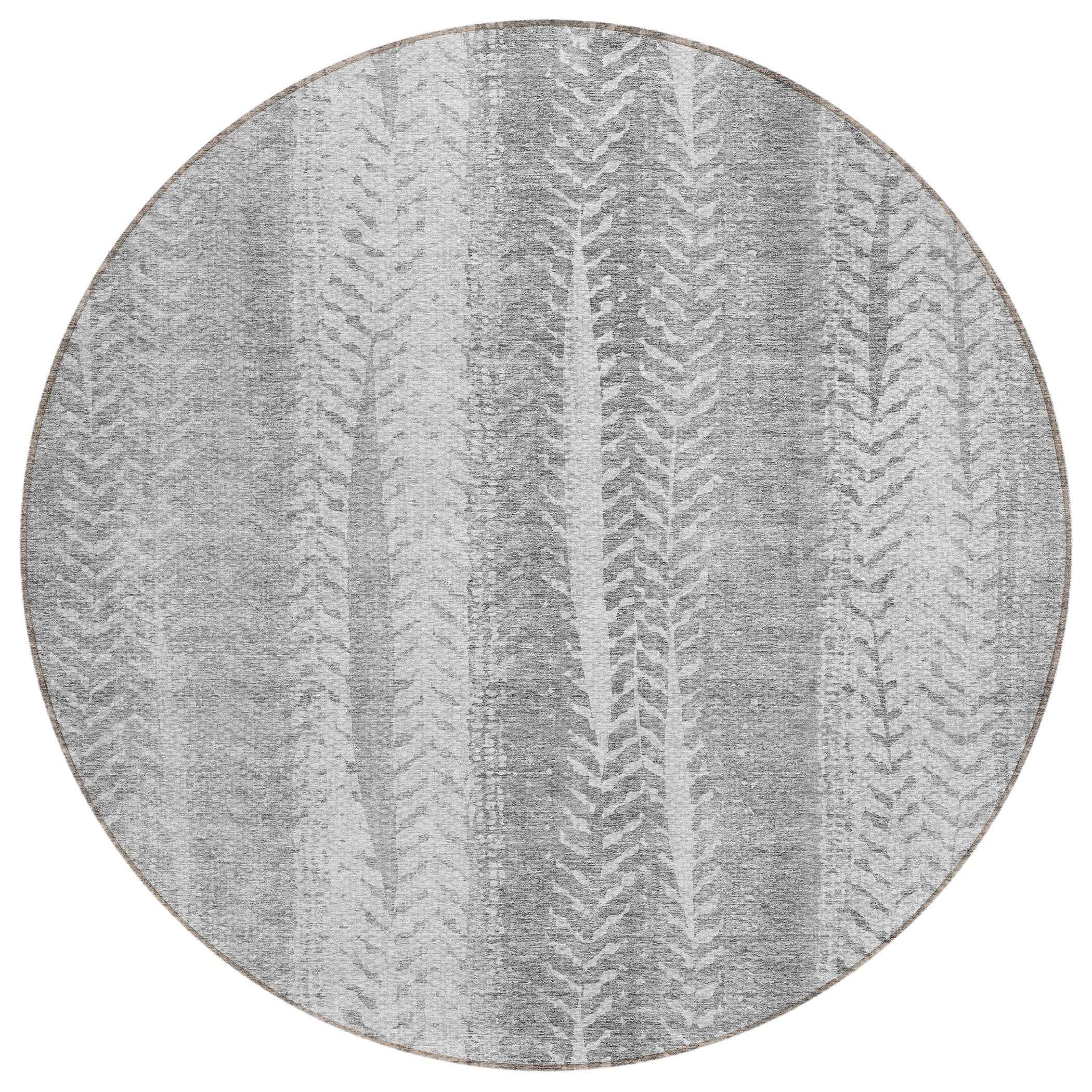 8' Silver Gray And Graphite Round Botanical Leaves Washable Indoor Outdoor Area Rug