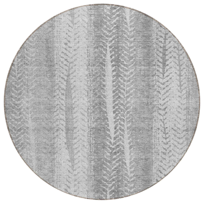 8' Silver Gray And Graphite Round Botanical Leaves Washable Indoor Outdoor Area Rug