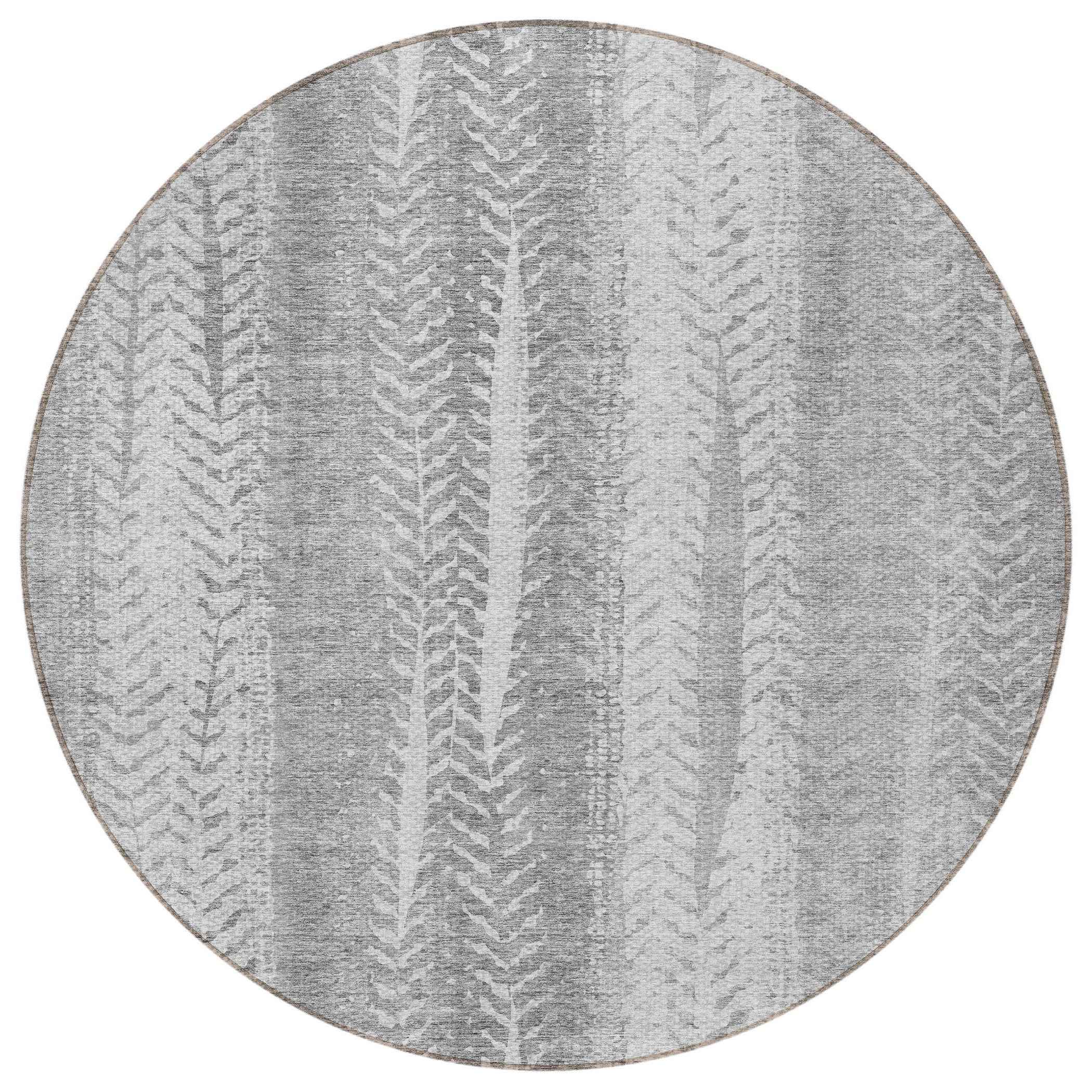 8' Silver Gray And Graphite Round Botanical Leaves Washable Indoor Outdoor Area Rug