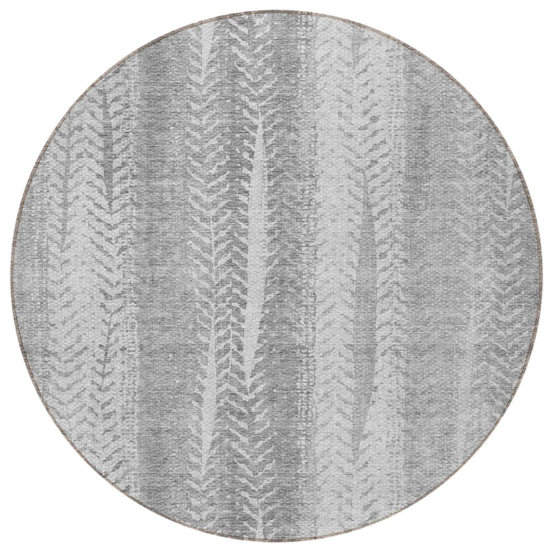8' Silver Gray And Graphite Round Botanical Leaves Washable Indoor Outdoor Area Rug