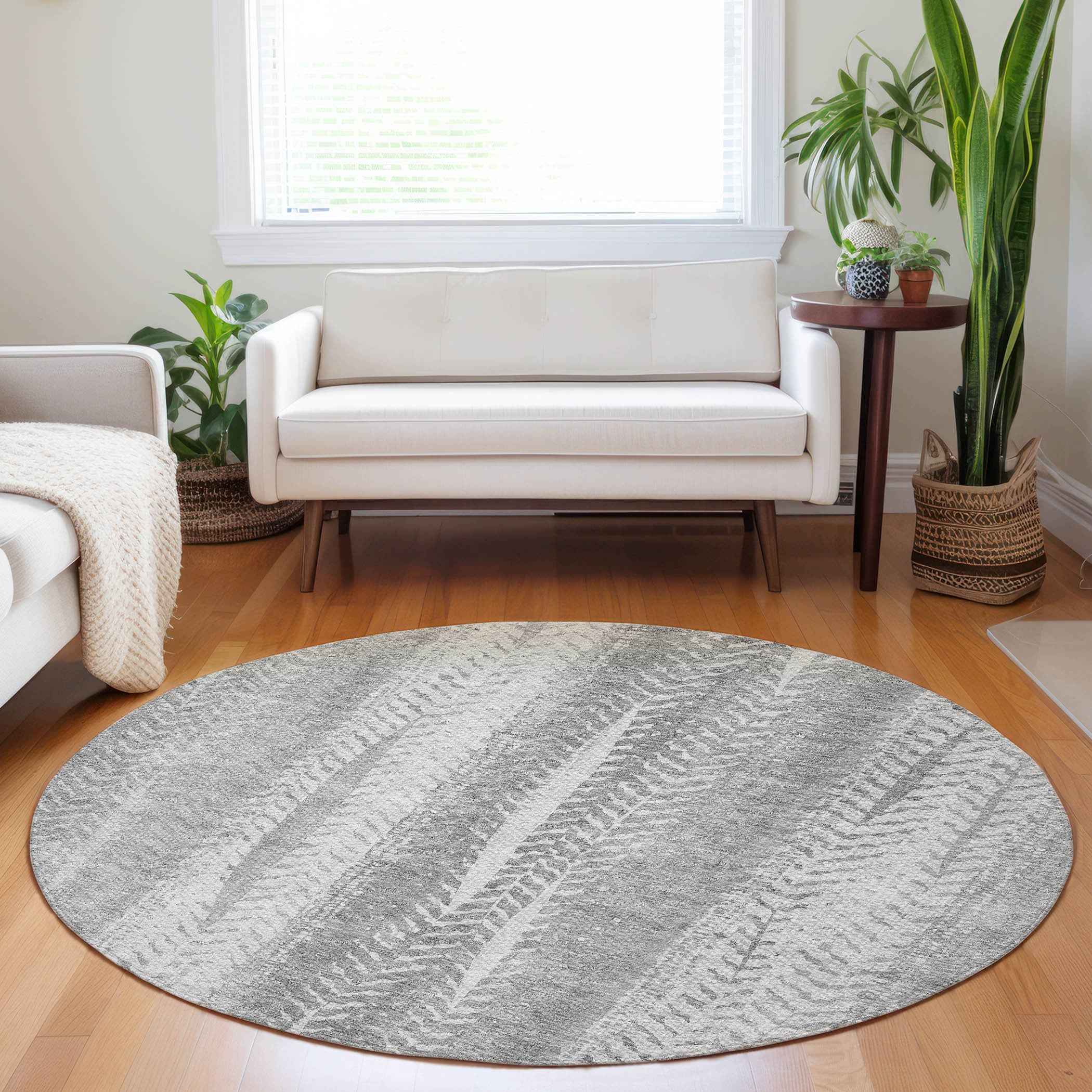 8' Silver Gray And Graphite Round Botanical Leaves Washable Indoor Outdoor Area Rug