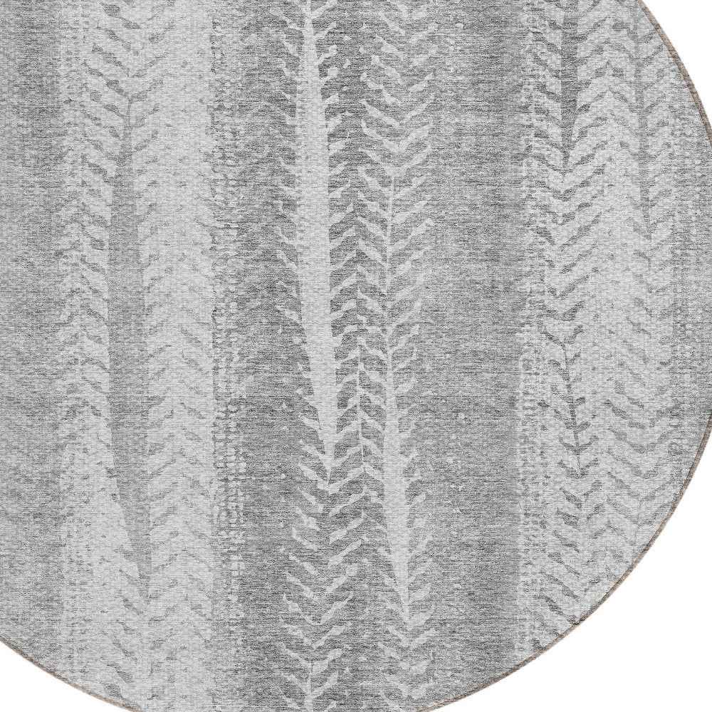 8' Silver Gray And Graphite Round Botanical Leaves Washable Indoor Outdoor Area Rug
