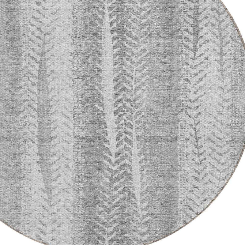 8' Silver Gray And Graphite Round Botanical Leaves Washable Indoor Outdoor Area Rug