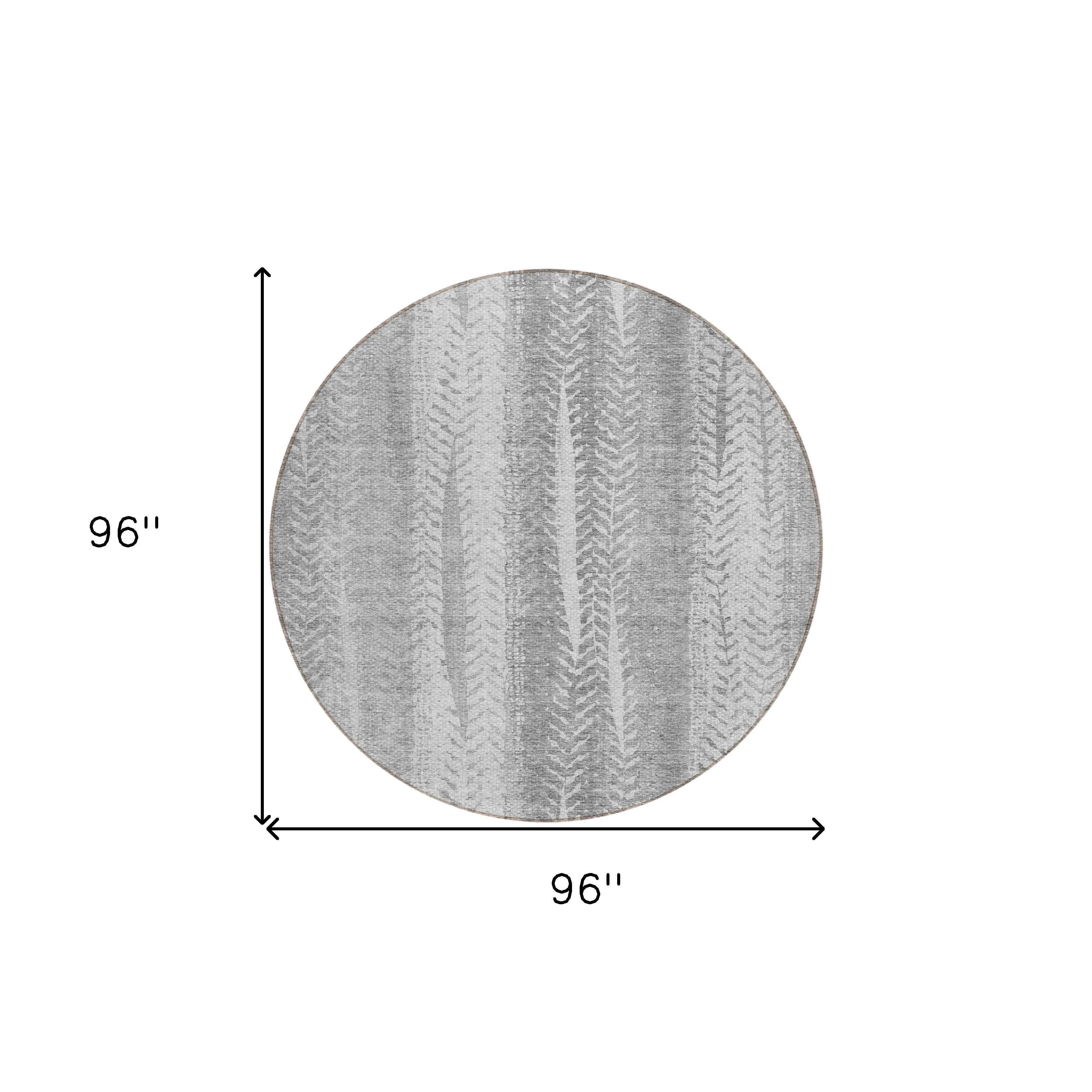 8' Silver Gray And Graphite Round Botanical Leaves Washable Indoor Outdoor Area Rug