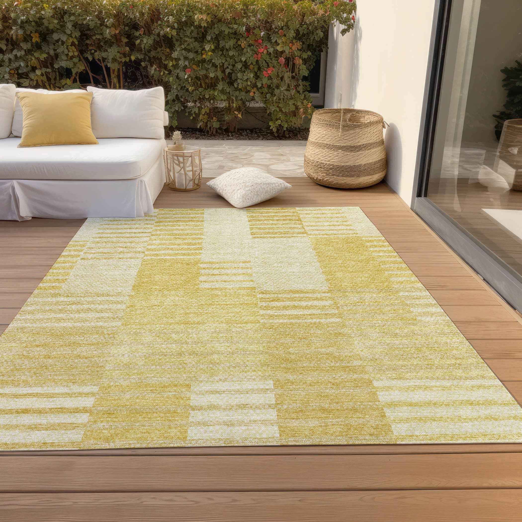 10' X 14' Gold Wheat And Ivory Striped Washable Indoor Outdoor Area Rug
