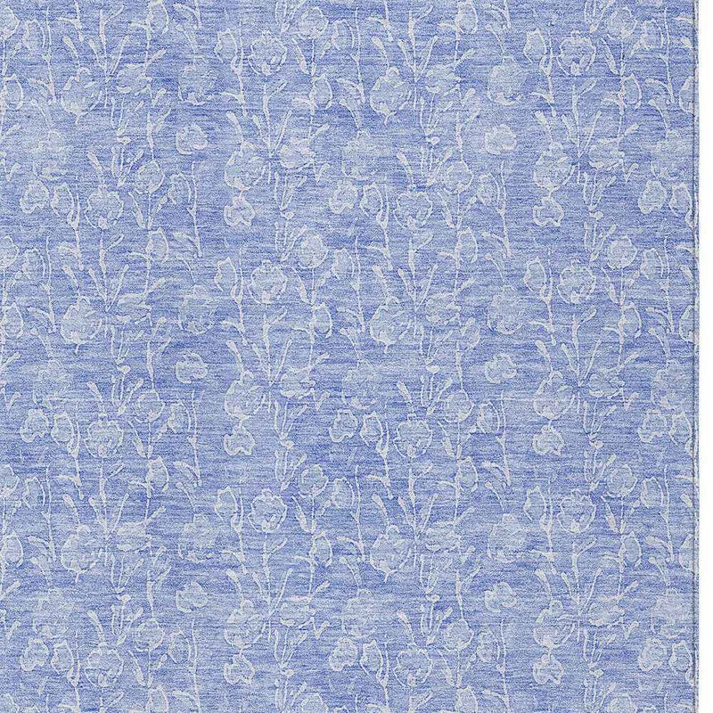 8' X 10' Denim Blue And Ivory Floral Washable Indoor Outdoor Area Rug