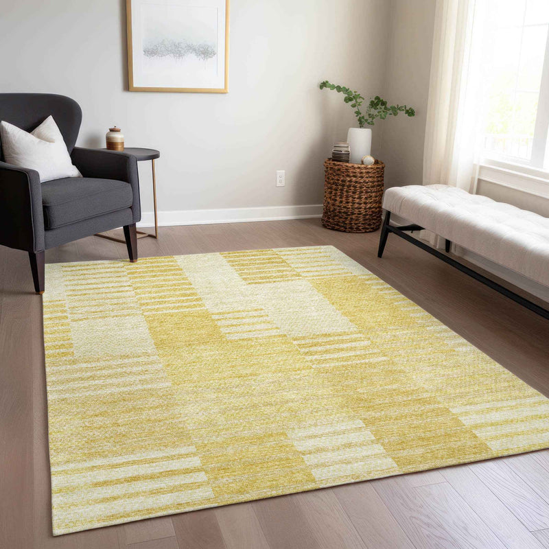 10' X 14' Gold Wheat And Ivory Striped Washable Indoor Outdoor Area Rug