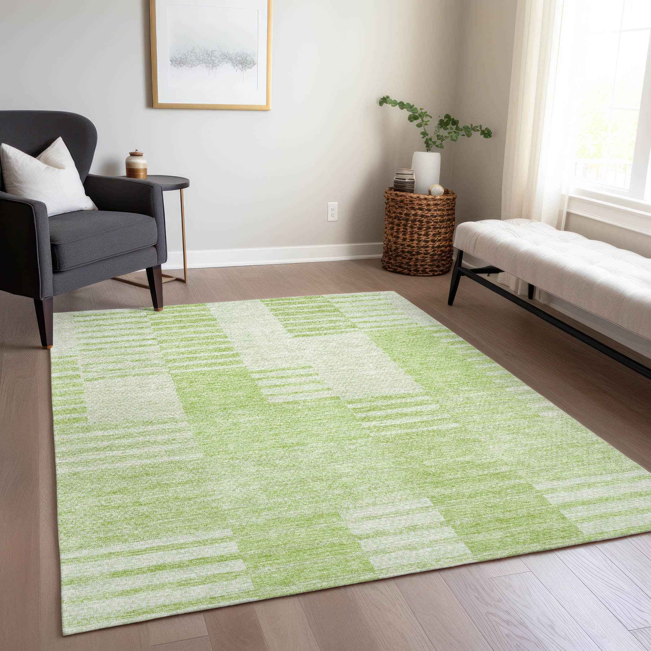 10' X 14' Artichoke Green And Mint Green Striped Washable Indoor Outdoor Area Rug