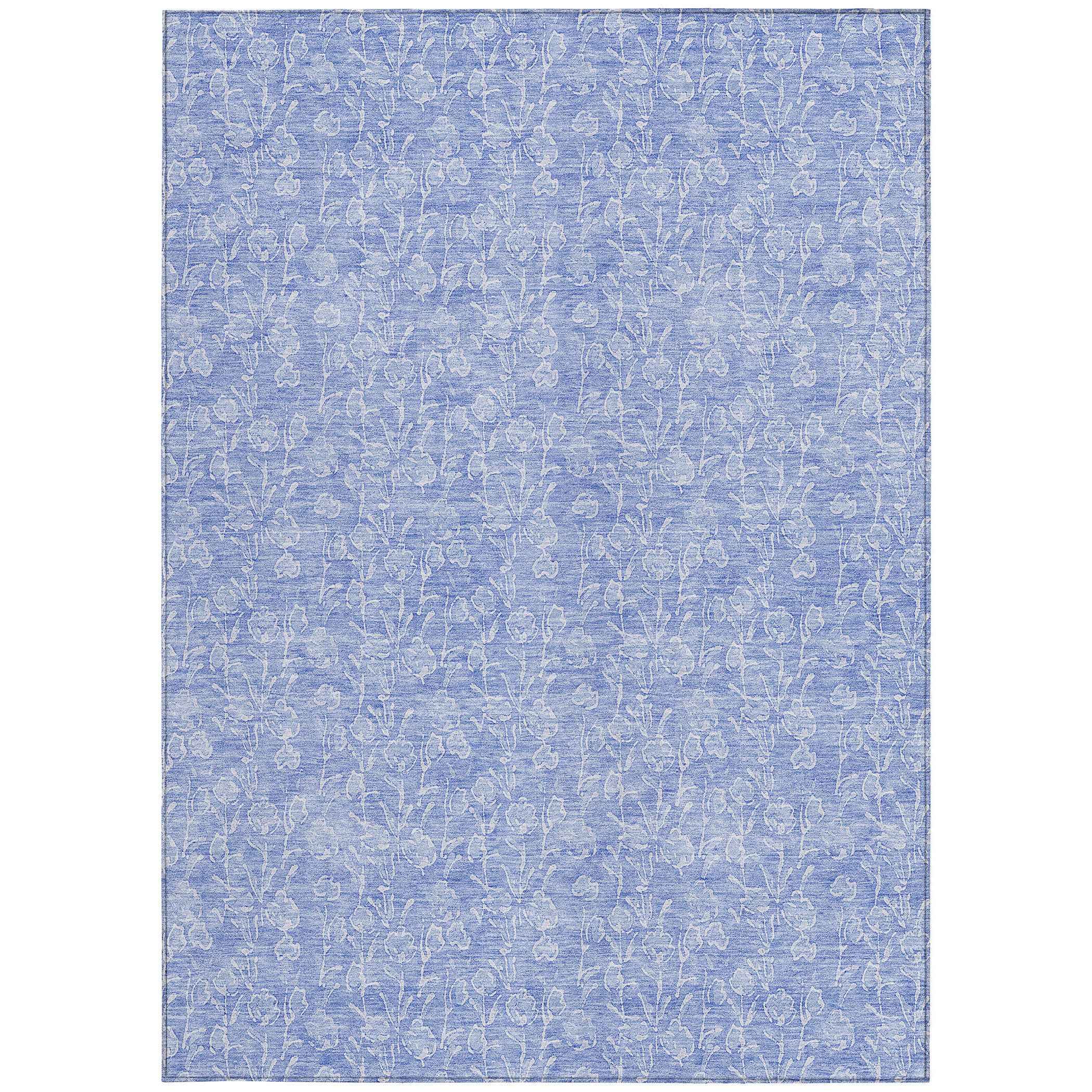 8' X 10' Denim Blue And Ivory Floral Washable Indoor Outdoor Area Rug