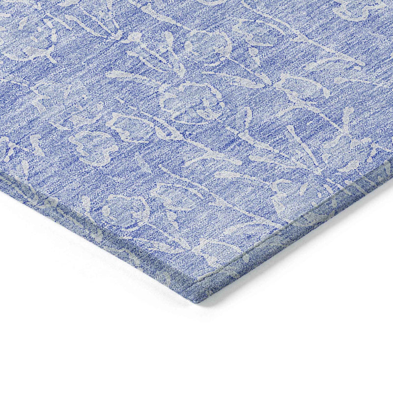 8' X 10' Denim Blue And Ivory Floral Washable Indoor Outdoor Area Rug