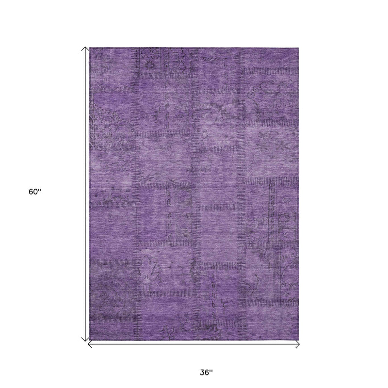 3' X 5' Purple Eggplant And Gray Patchwork Washable Indoor Outdoor Area Rug