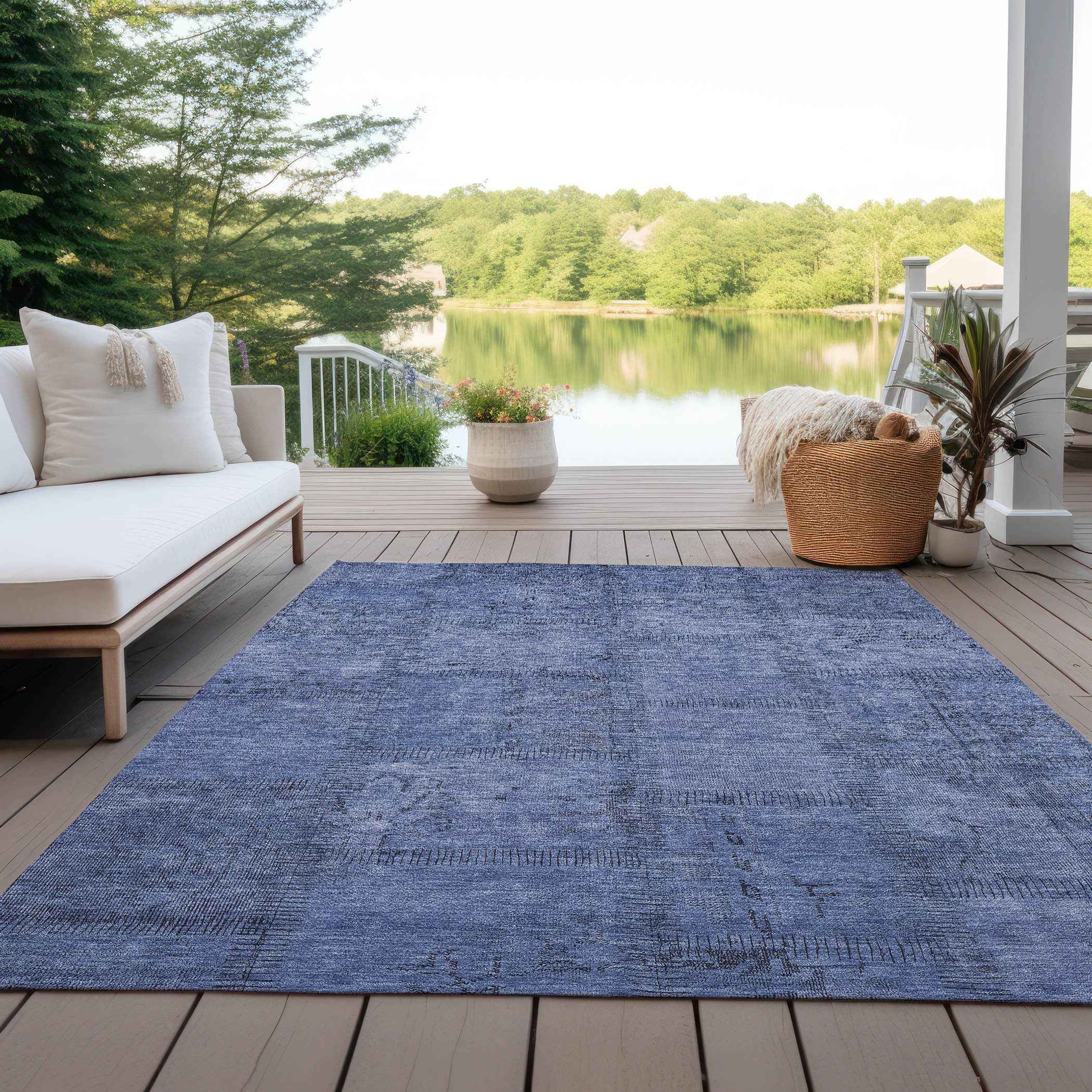 8' X 10' Denim Blue And Sky Blue Patchwork Washable Indoor Outdoor Area Rug