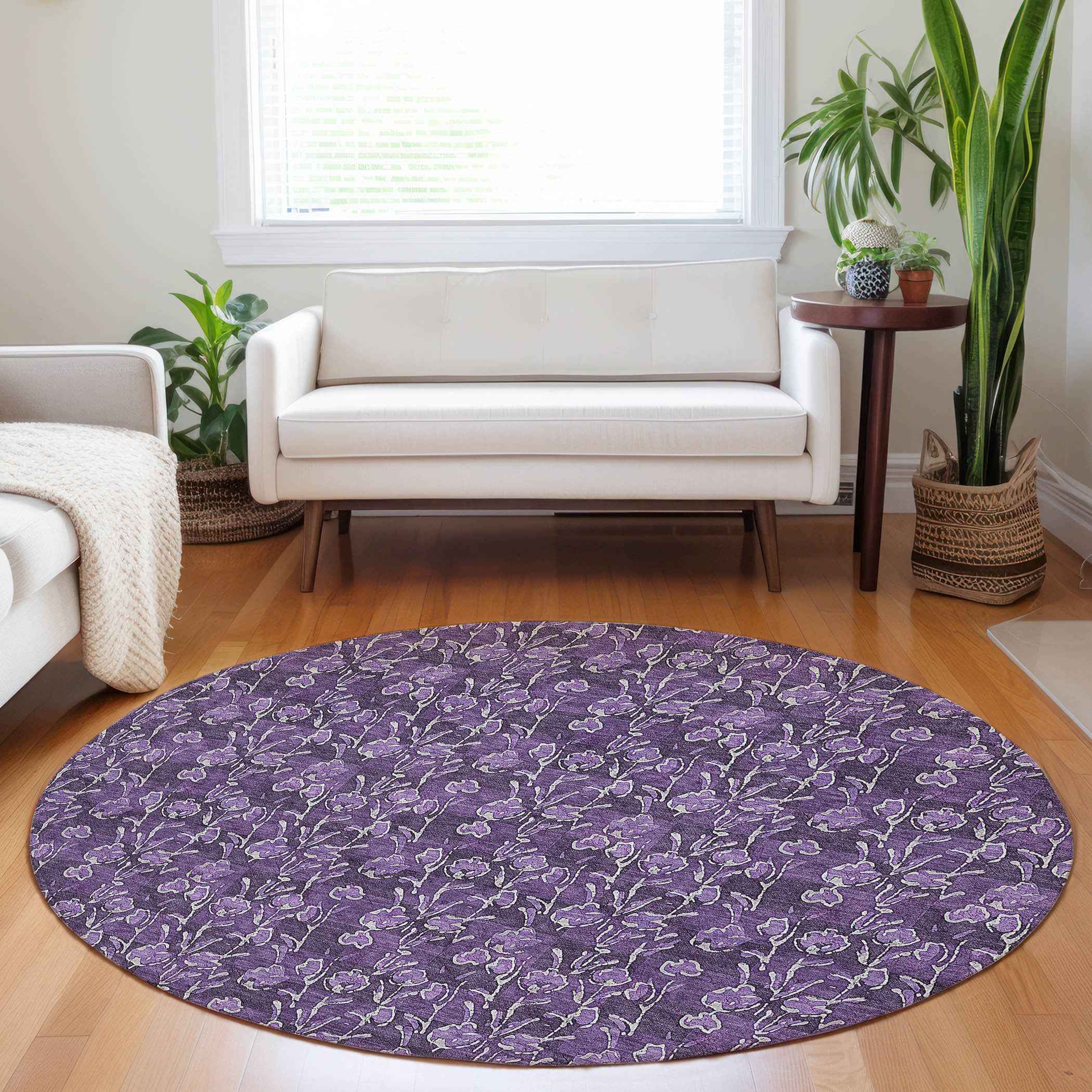 8' Purple Eggplant And Ivory Round Floral Washable Indoor Outdoor Area Rug