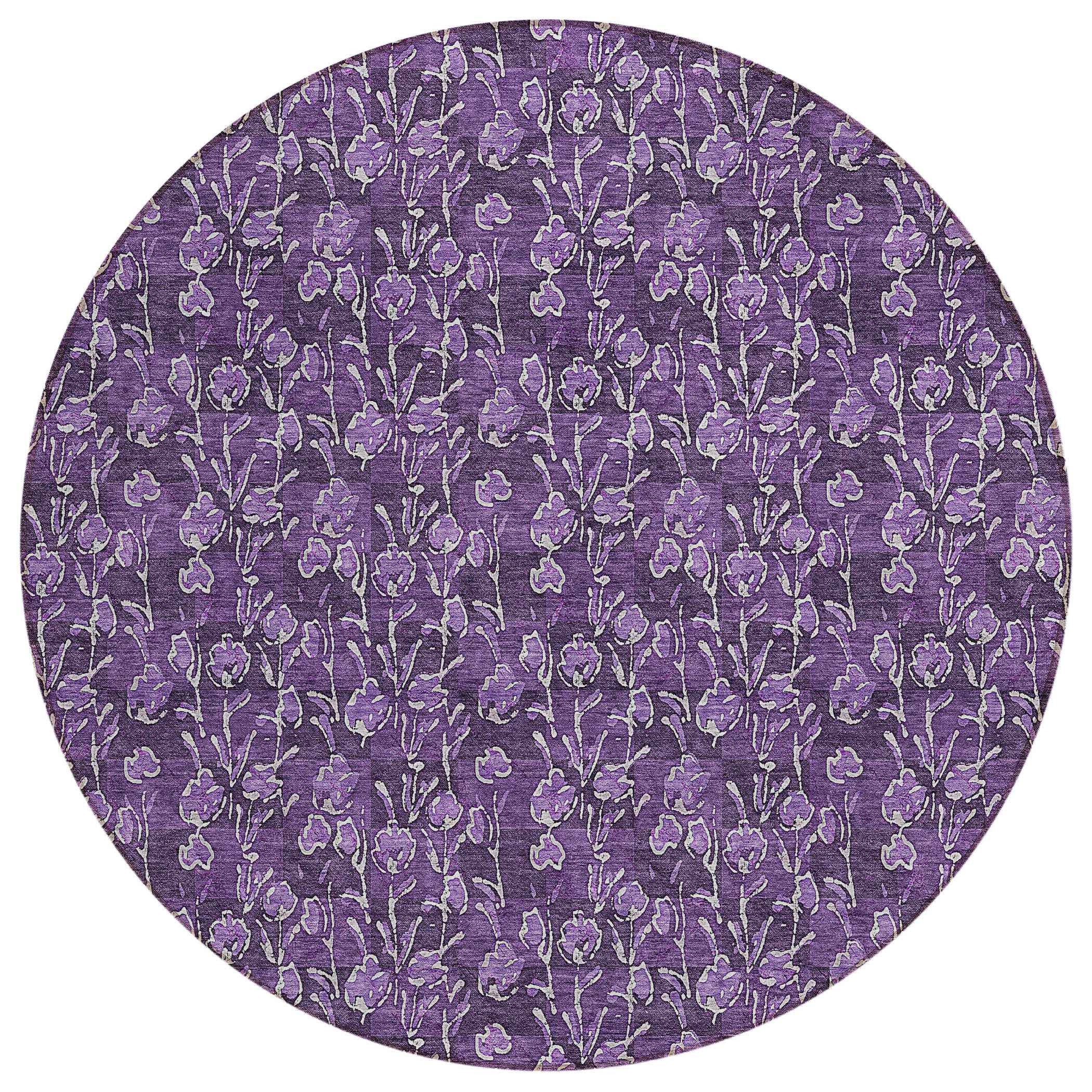 8' Purple Eggplant And Ivory Round Floral Washable Indoor Outdoor Area Rug