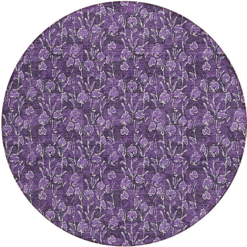 8' Purple Eggplant And Ivory Round Floral Washable Indoor Outdoor Area Rug