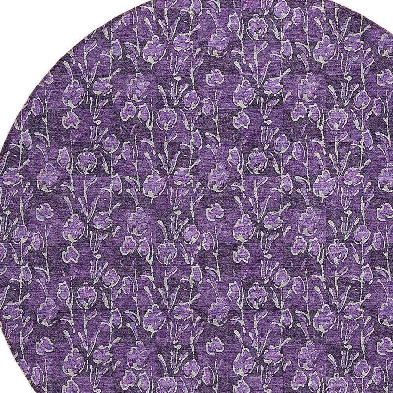 8' Purple Eggplant And Ivory Round Floral Washable Indoor Outdoor Area Rug