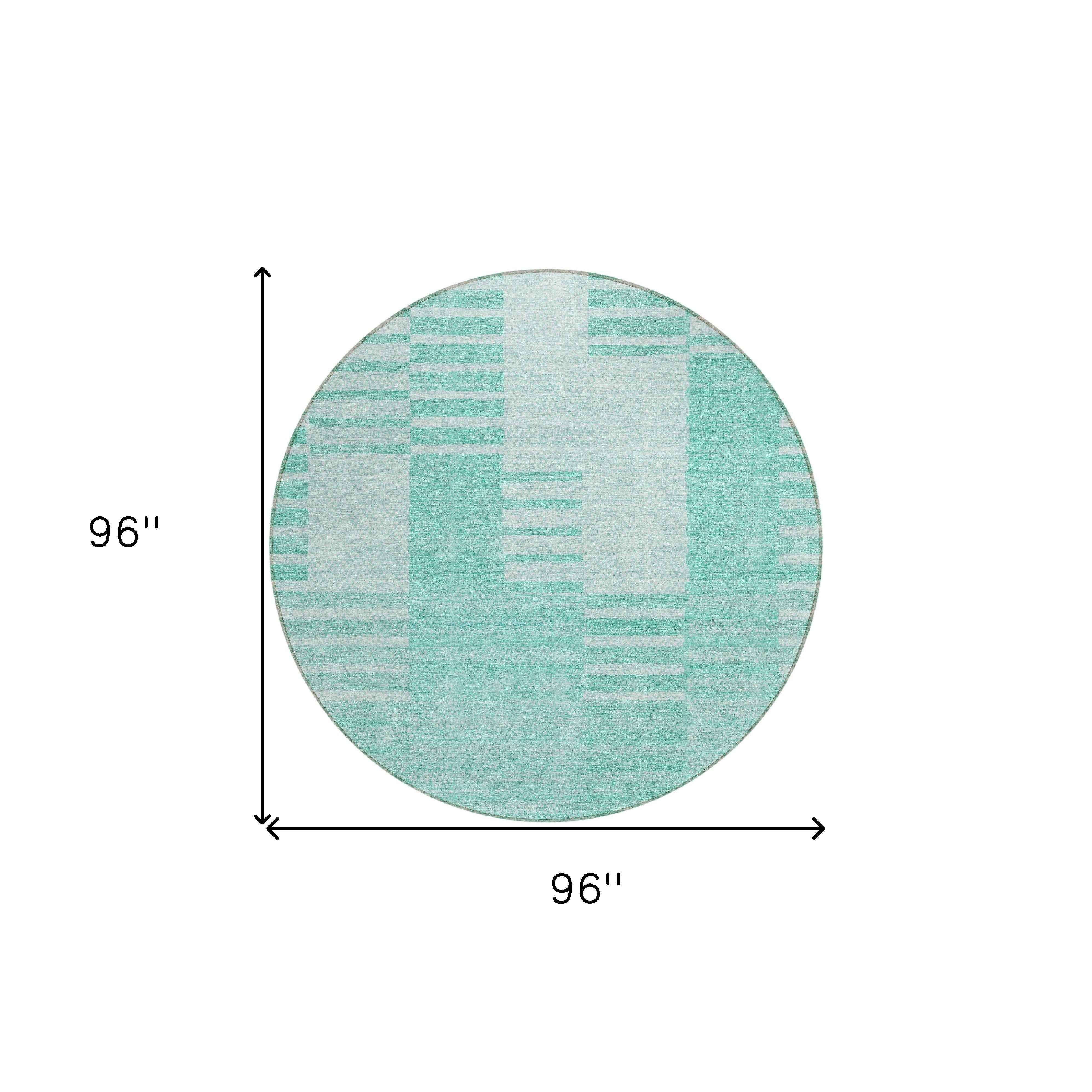 8' Teal Blue Aqua And Ivory Round Striped Washable Indoor Outdoor Area Rug