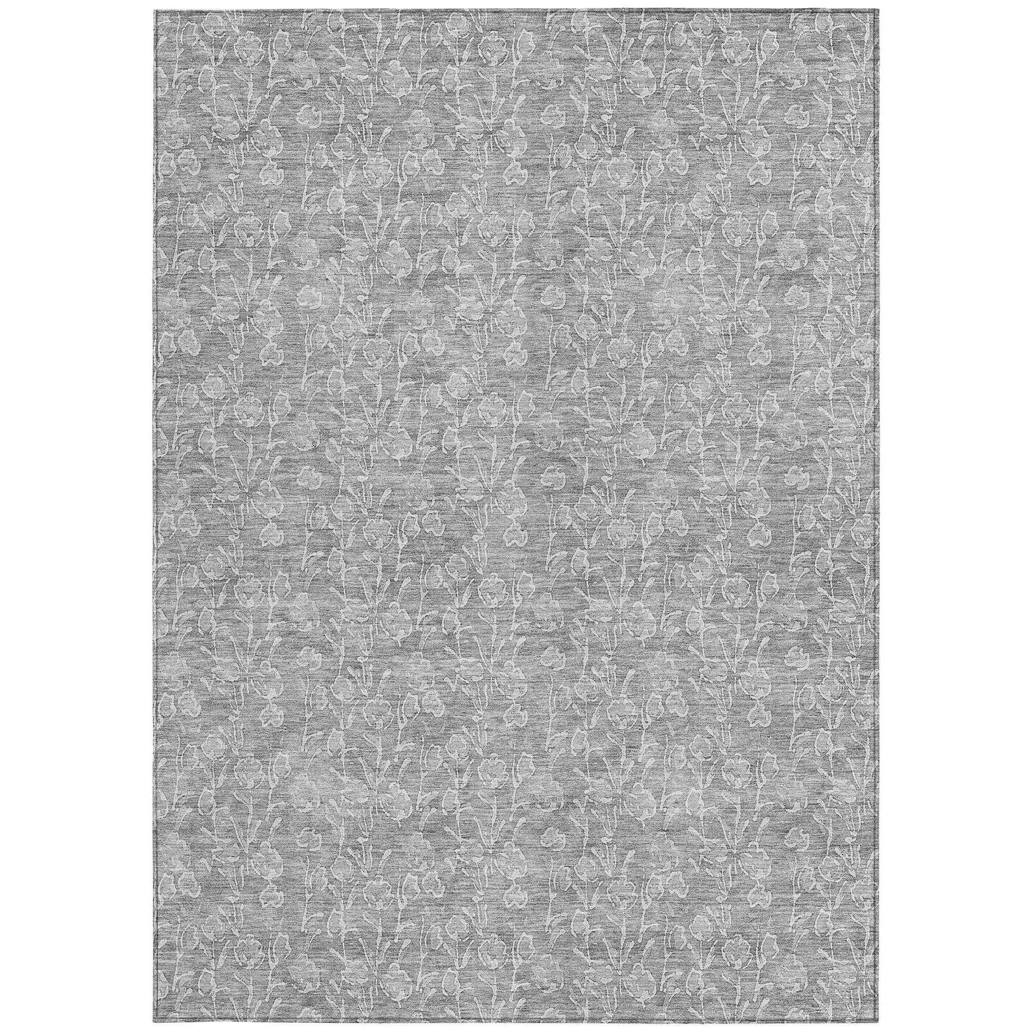 8' X 10' Silver And Ivory Floral Washable Indoor Outdoor Area Rug