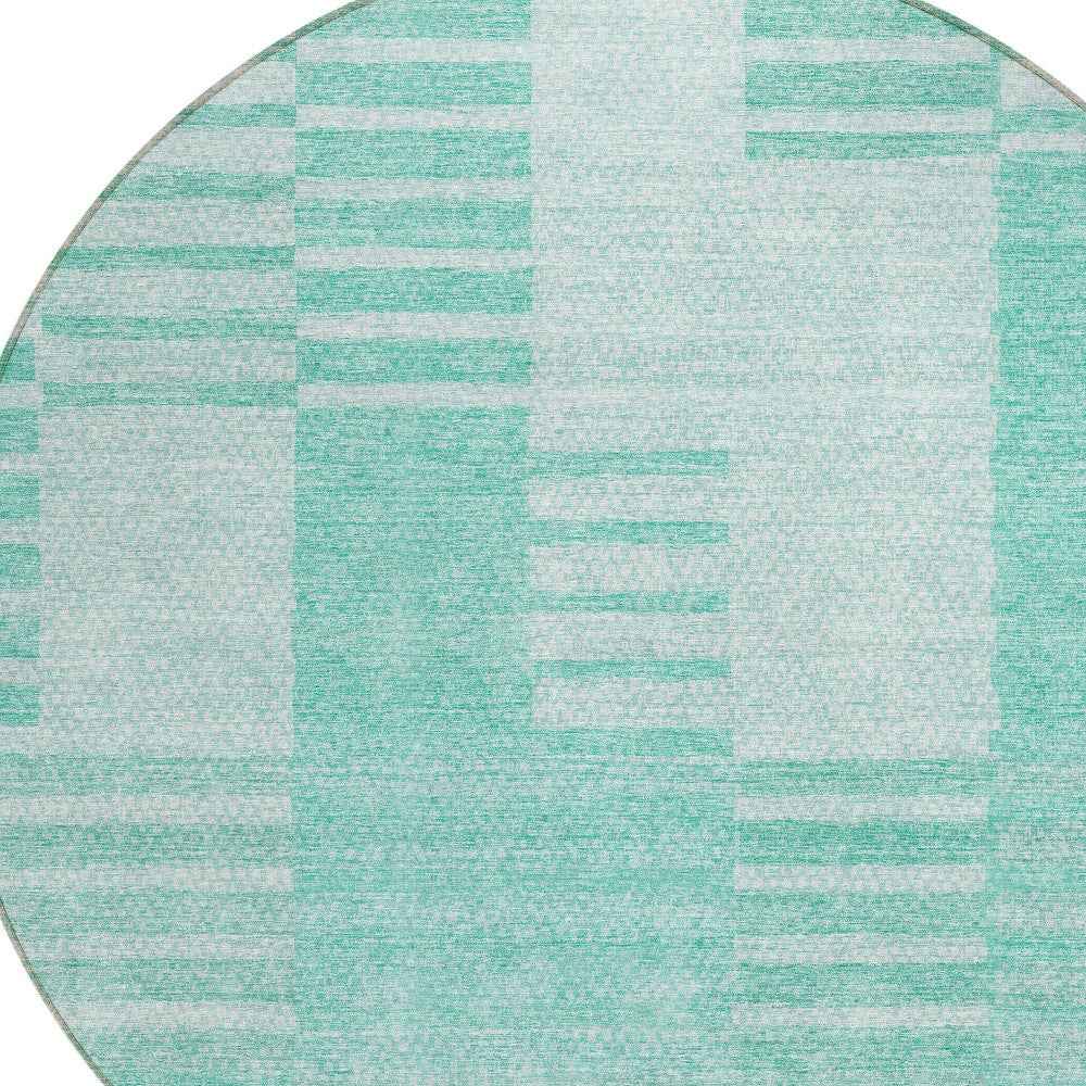 8' Teal Blue Aqua And Ivory Round Striped Washable Indoor Outdoor Area Rug